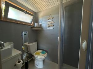 a small bathroom with a toilet and a shower at Chambre à la campagne - salle d'eau individuelle in Saint-Aubin-le-Cloud