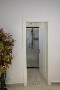 a walk in shower in a white room with a door at Era e Liqenit in Shkodër