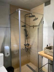 a bathroom with a shower with a glass door at FealHouseDilijan in Dilijan