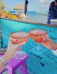 Dos manos sosteniendo dos copas de martini junto al océano. en Barefoot Beach Belize, en Caye Caulker