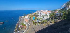 an aerial view of a town on a hill next to the ocean at Los Gigantes,luxury aircon, views and pools in Puerto de Santiago