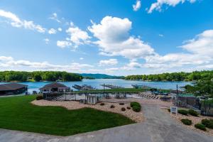 an aerial view of a marina on a lake at Community Pools and Beach Smith Mountain Lake Condo in Huddleston