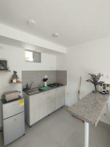 une cuisine blanche avec un évier et un comptoir dans l'établissement Casa de la Sierra, à Santa Marta