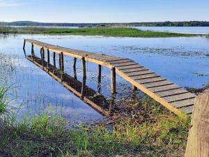 a wooden bridge in the middle of a body of water at La gemmeuse Meublé de tourisme 3 étoiles in Aureilhan +9 photos