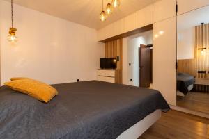 a bedroom with a large bed and a television at Forest Nest in Krayni Dol