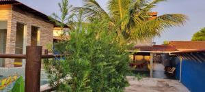 eine Palme vor einem Haus mit Pool in der Unterkunft Chalé Vovó Zezé in Bertioga