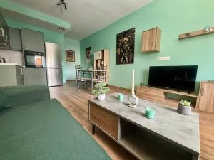Una sala de estar con un sofá y un televisor. en Sea Green House, en Orfánion