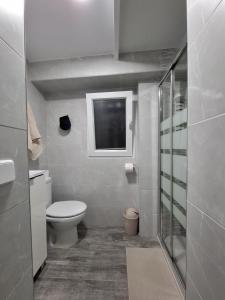 a white bathroom with a toilet and a window at La casita de Paco in Barbate +17 photos