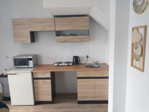 a kitchen with a desk with a sink and a microwave at Apartament z ogródkiem Chłopy Jantarowa powierzchnia 60 m2 in Chłopy +1 photo