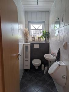 a bathroom with a toilet and a sink at Ferienhaus Lina in Südbrookmerland