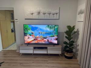 einen Flachbild-TV im Wohnzimmer in der Unterkunft Serene waterfront escape! Luxury, King bed! in Durbanville