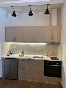 a kitchen with white cabinets and a black dishwasher at Filipa Gardens in Limenas +10 photos