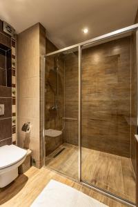 eine Glasdusche in einem Badezimmer mit Toilette in der Unterkunft Domek Stroma 13 in Zakopane