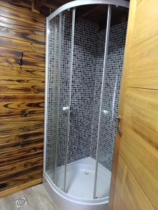 a shower with a glass door in a bathroom at Tiny House Nativa in Montecarlo