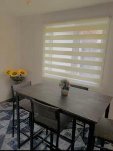 a table with chairs and a vase with a plant on it at Casa 3 a 5 personas estacionamiento privado in Temuco