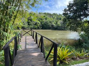 a wooden bridge over a body of water at A Casa Luna in Porto Seguro