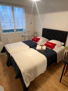 2 Betten in einem Schlafzimmer mit roten und weißen Kissen in der Unterkunft Chambres d'hôtes La Rose Des Sables in Les Herbiers