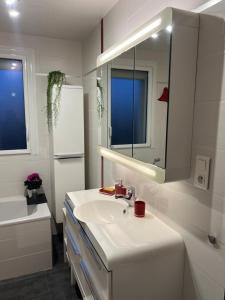 ein Badezimmer mit einem Waschbecken, einem Spiegel und einem Kühlschrank in der Unterkunft Chambres d'hôtes La Rose Des Sables in Les Herbiers + 20 Fotos