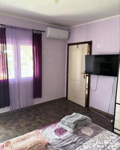 a bedroom with a bed and a flat screen tv at Kuća na obali Save in Obrenovac