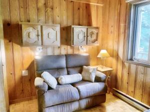 a leather couch in a room with wooden walls at Chalet Natura Versailles Spa and River in Saint Come