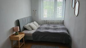 a small bedroom with a bed and a window at Apartament RYŚ Polanica Zdrój in Polanica-Zdrój