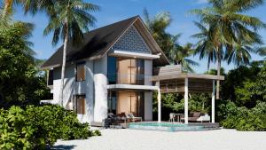 a house on the beach with palm trees at Meyyafushi Maldives - Premium All Inclusive in Lhaviyani Atoll