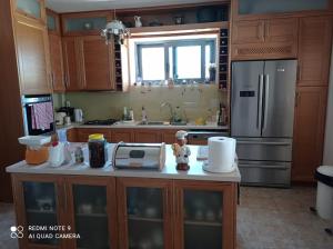 a kitchen with a counter with a refrigerator and a sink at Aggelikis Cosy Shared House in Pirgos