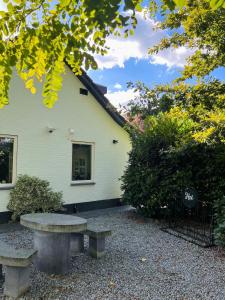 a stone bench in front of a white house at Kip en Hei in Schijf +38 photos