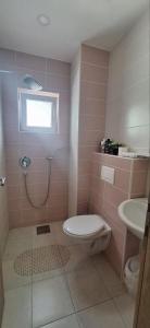 a bathroom with a shower and a toilet and a sink at Apartman Nani in Bihać +9 photos