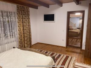 a bedroom with a bed and a mirror in it at На Замковiй горi in Kosiv