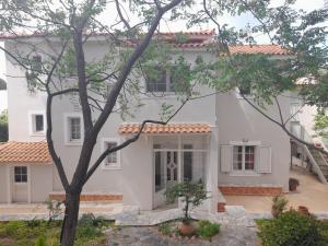 a white house with a tree in front of it at Melody cottage, Samos in Karlovasi