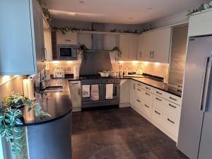 eine Küche mit Küchengeräten aus Edelstahl und weißen Schränken in der Unterkunft Elegant 5 Bed 5 Bath Home in Englefield Green