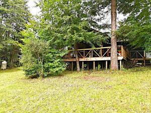 a log cabin in the woods with a tree at Raki Bed and Breakfast Hostel in Trape