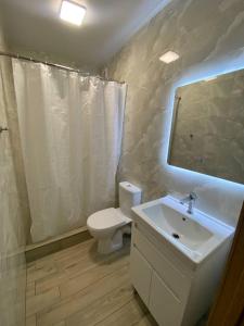 a bathroom with a toilet and a sink and a mirror at Milos Hotel in Zatoka