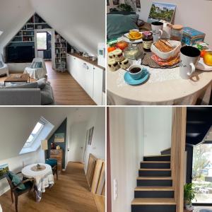 a collage of pictures of a kitchen and a living room at Ty Glazu Doelan espace 60m2, Port& criques à pied, 2 chambres privées au 1er étage, SDB, WC séparé in Clohars-Carnoët