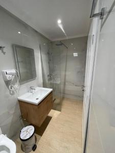 a bathroom with a shower and a sink and a toilet at Odore di Mare 2 in Qeparo