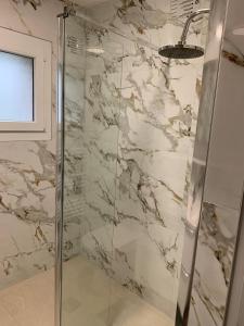 a shower in a bathroom with a marble wall at Appartement 4 pièces dans une maison au calme in Bonneville +21 photos