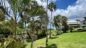 a park with palm trees in front of a building at Studio Le Frangipanier au Gosier avec plage - location Prestige Caraïbes in Le Gosier