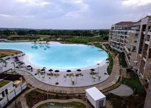 - une vue sur la grande piscine bordée de palmiers dans l'établissement Baia Kristal - Vacaciones Cartagena Colombia, à Carthagène des Indes