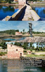 two pictures of a statue next to a river at Apartamento Brañas in Cambados +25 photos