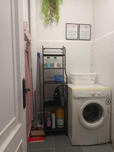 a laundry room with a washing machine and a shelf at Apartamento Brañas in Cambados