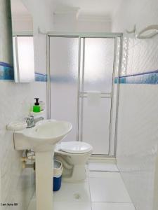 a bathroom with a toilet and a sink and a shower at alojamiento centro histórico - 3-2 in Cartagena de Indias +3 photos