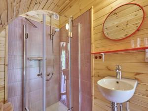 un bagno con lavandino e doccia di Tiny House Jet a Goedereede