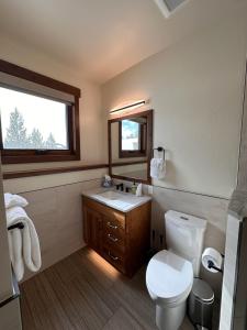 Un baño con inodoro, lavabo y ventana. en Serenity at Sherwood - Mid Term Rental, en Breckenridge