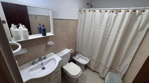 a bathroom with a sink and a toilet and a shower at Departamento 3 in Santa Rosa