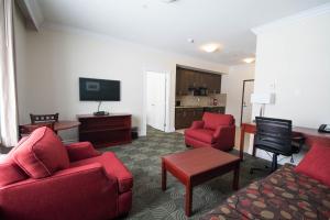 a living room with red furniture and a flat screen tv at Nova Inn Manning in Manning