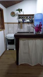 a kitchen with a counter top and a stove at Casinha da Mata in Chapada dos Guimarães +23 photos