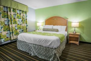 a hotel room with a large bed and two lamps at Rodeway Inn & Suites Winter Haven Chain of Lakes in Winter Haven