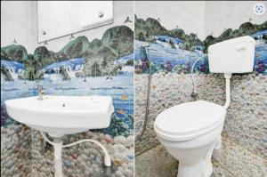 two pictures of a bathroom with a toilet and a sink at The Vasudha Estate in Lucknow
