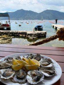 a plate of oysters with lemon slices on a table at Green lime in Tivat